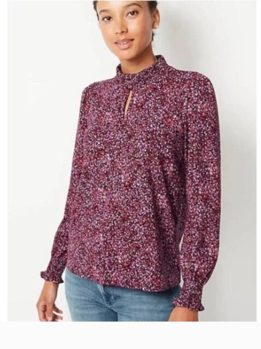 J.Jill Smocked Mock Neck Top Pink Sz L Long Sleeve Keyhole